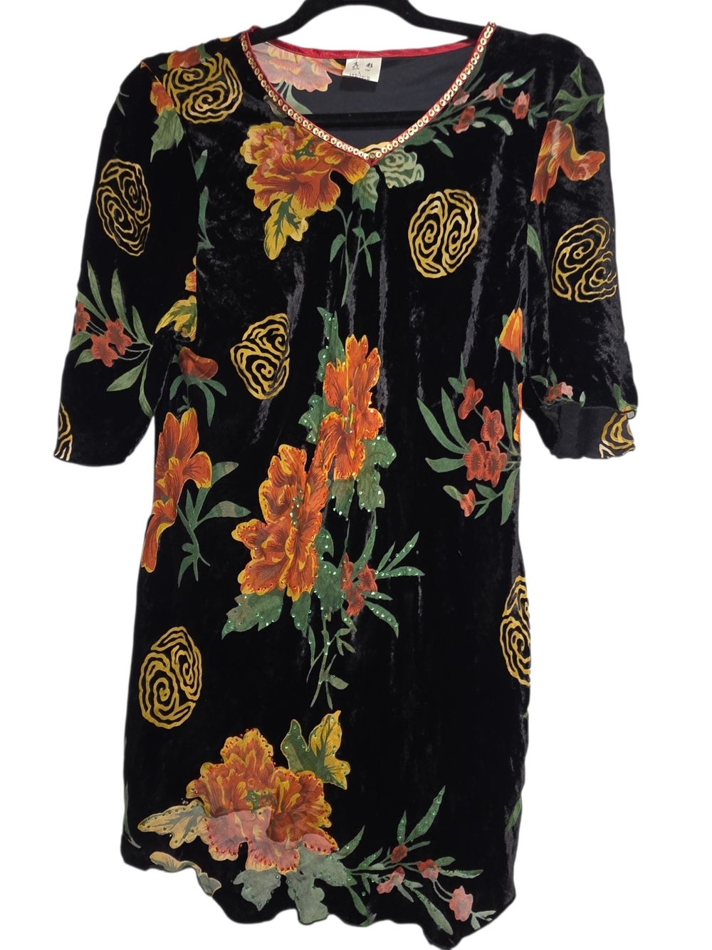Zhen Cai Silk Velvet Burnout Floral Tunic Top Sz L Beaded Boho Artsy 3/4 Sleeves - Picture 2 of 10